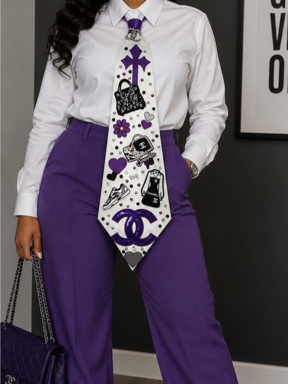 XL White and Purple Embellished CC Motif Denim Junk Tie